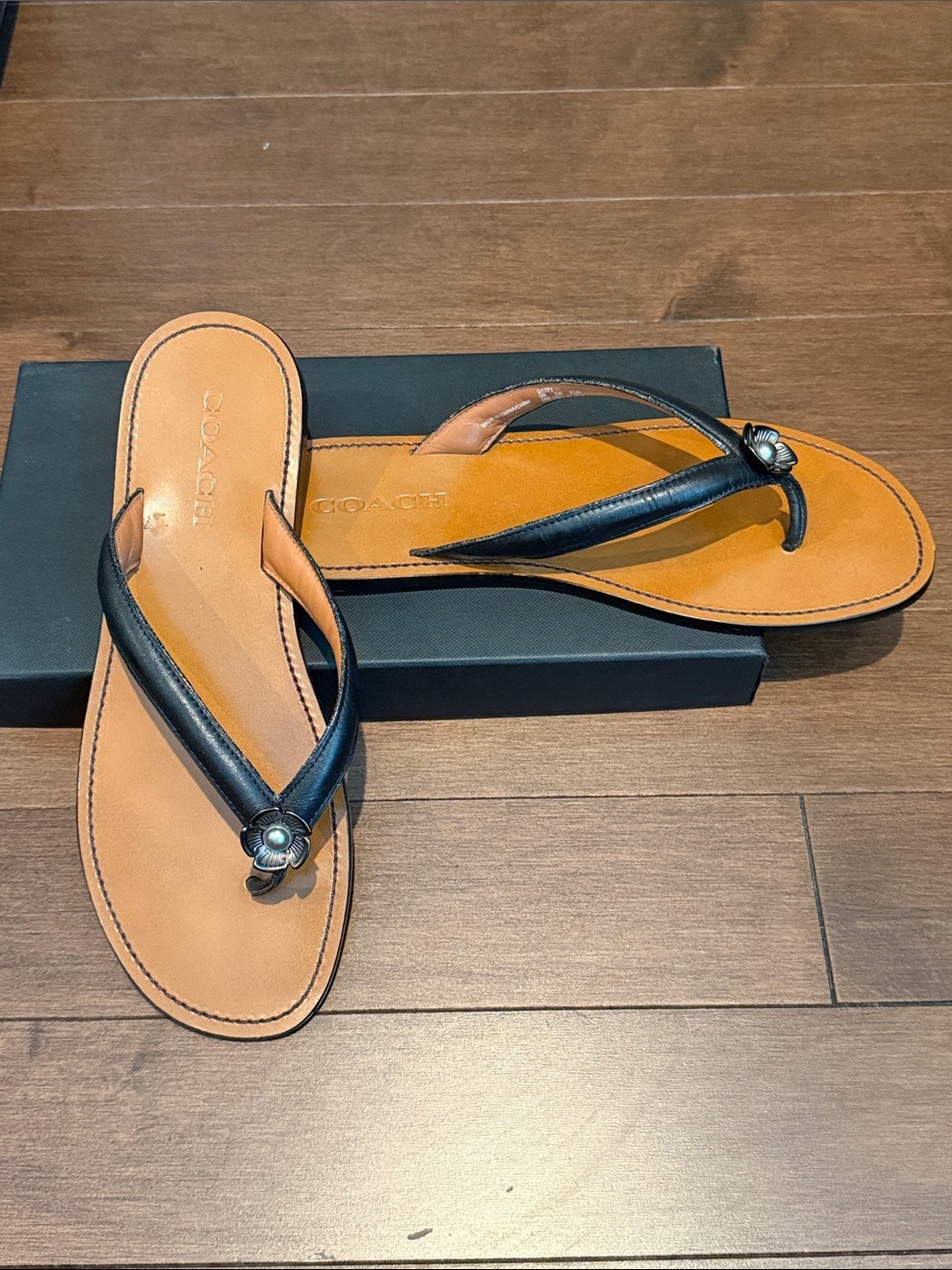 Coach Tea Rose Black Leather Flip Flop Sandal, Size 10 - Picture 2 of 3